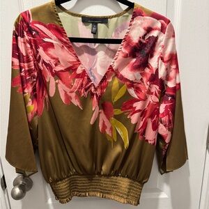 White House Black Market Olive Floral V-Neck Blouse